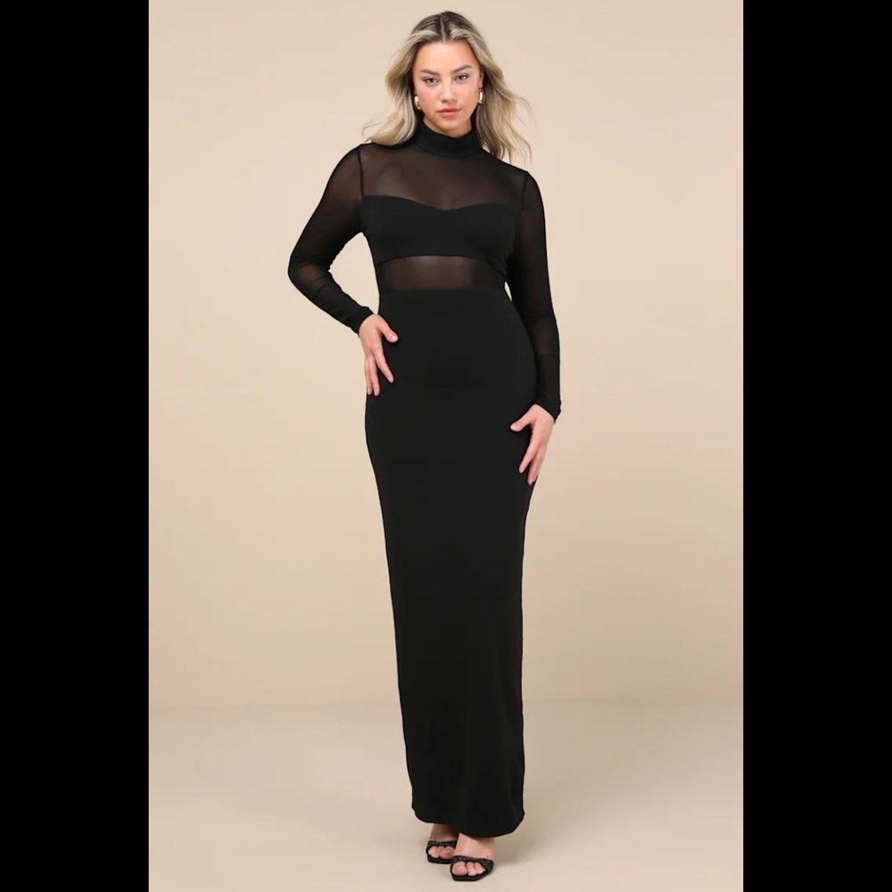 NWT LULUS Forever Modern Black Mesh Long Sleeve Maxi Dress